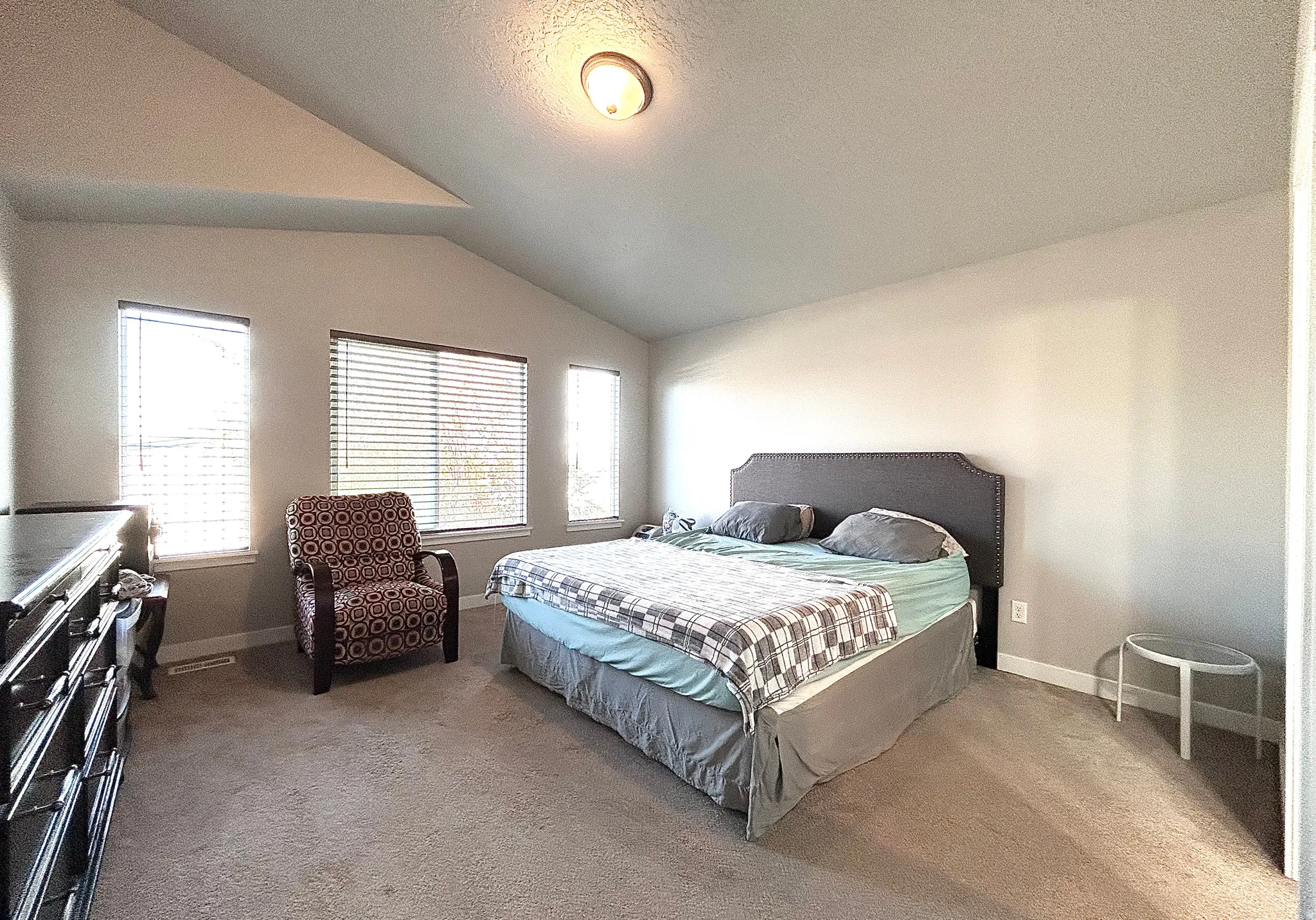 Carpeted bedroom with vaulted ceiling and a textured ceiling