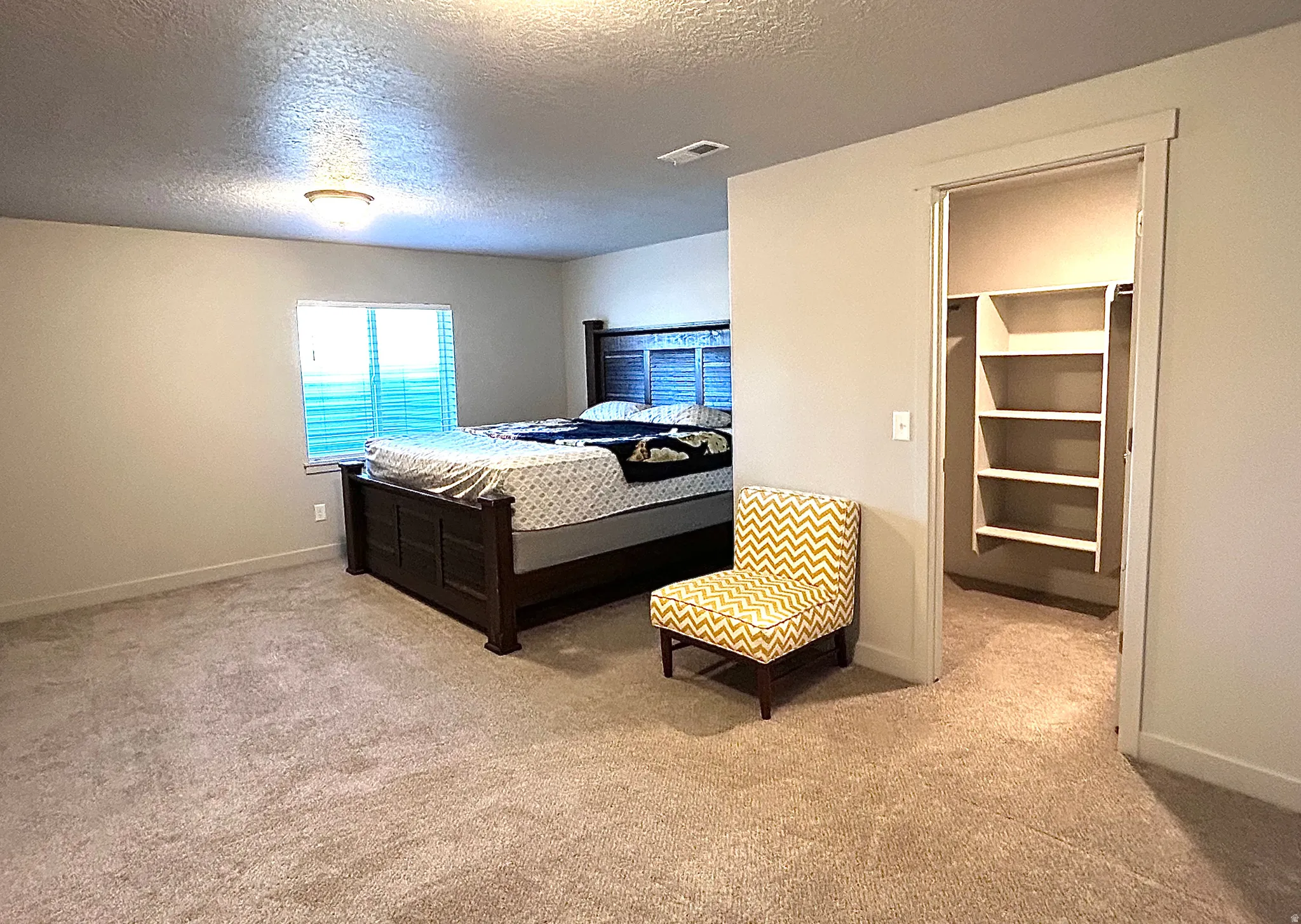 Bedroom featuring a textured ceiling, a spacious closet, and light colored carpet