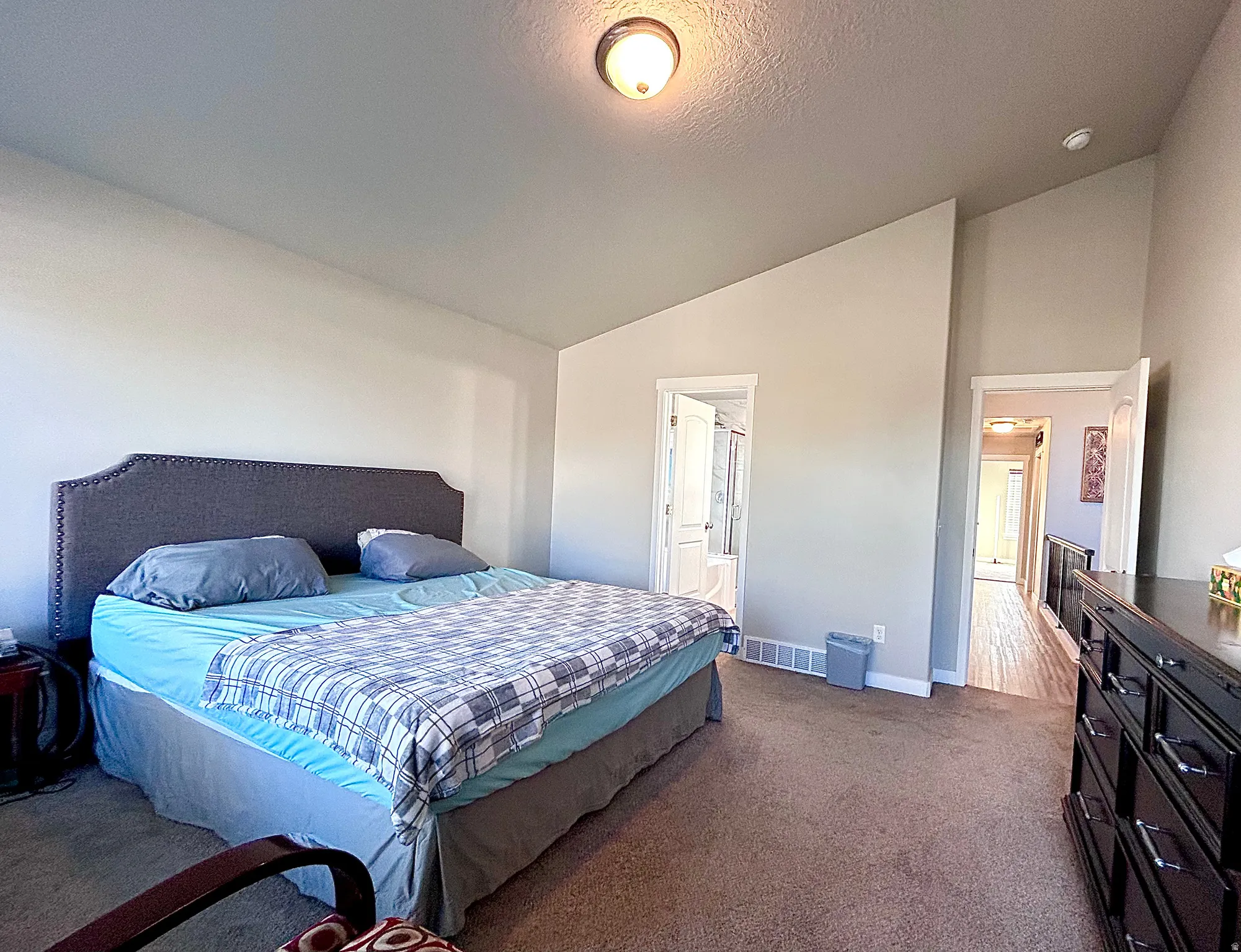 Carpeted bedroom featuring vaulted ceiling and a textured ceiling
