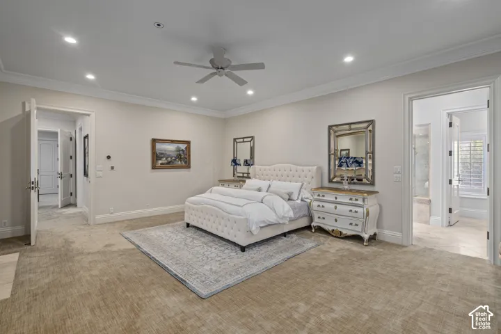 Bedroom with crown molding, light carpet, recessed lighting, and a ceiling fan