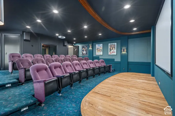Home theater with dark colored carpet and recessed lighting