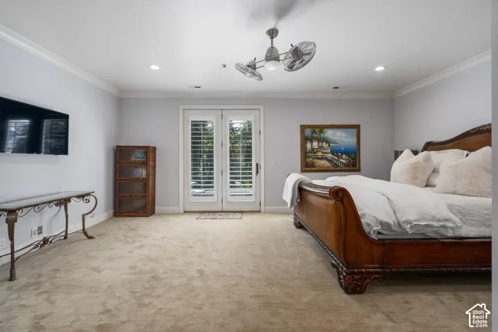 Bedroom featuring ornamental molding, access to outside, carpet, ceiling fan, and recessed lighting