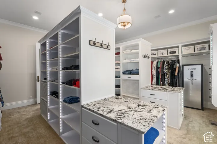 Spacious closet featuring light colored carpet