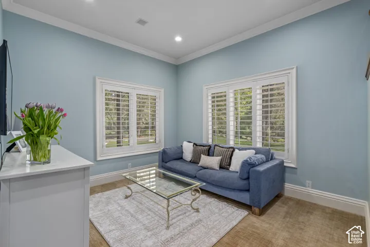 Living room featuring ornamental molding and recessed lighting