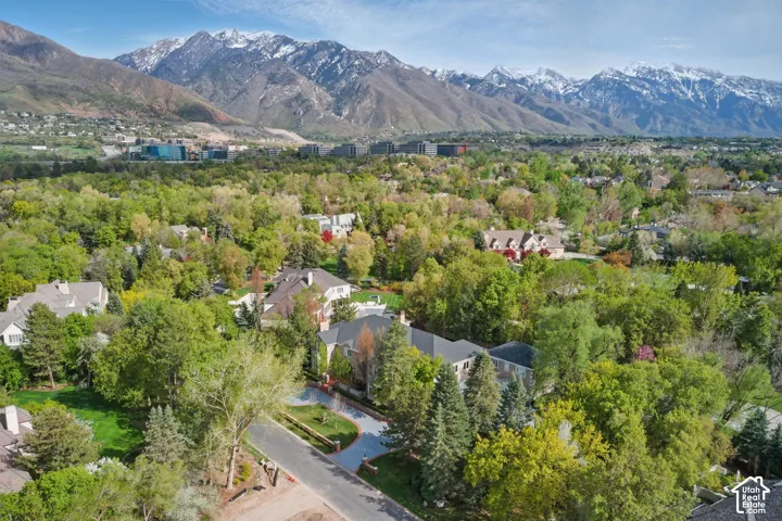 Aerial overview of property's location featuring a mountain backdrop