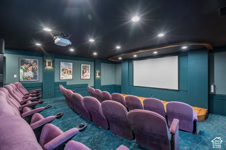 Cinema with dark colored carpet and recessed lighting