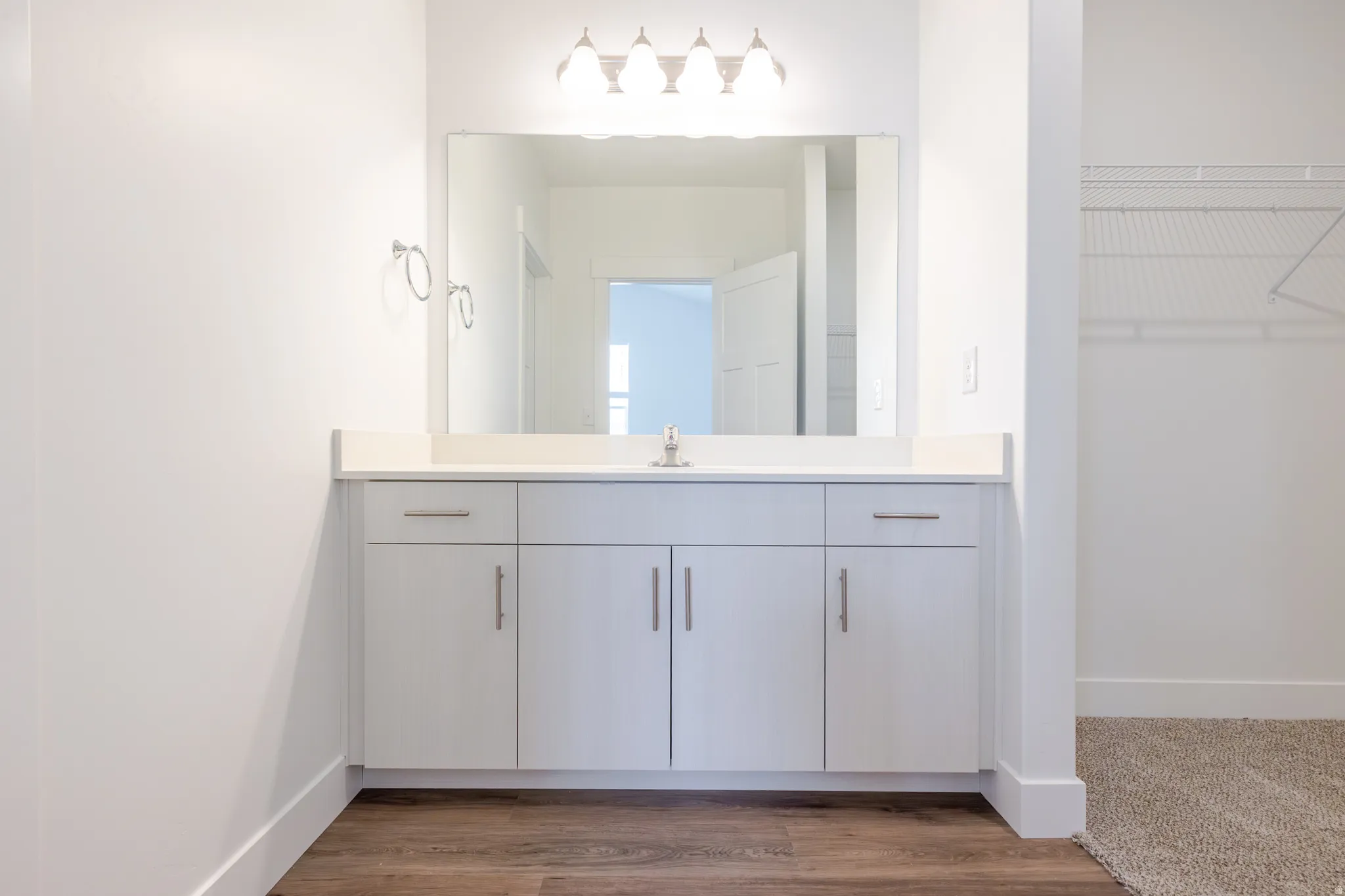 Bathroom featuring vanity, a spacious closet, and wood finished floors