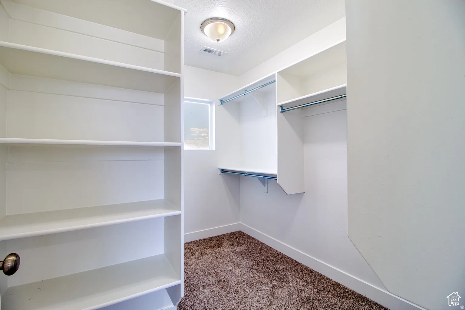 Walk in closet featuring dark carpet