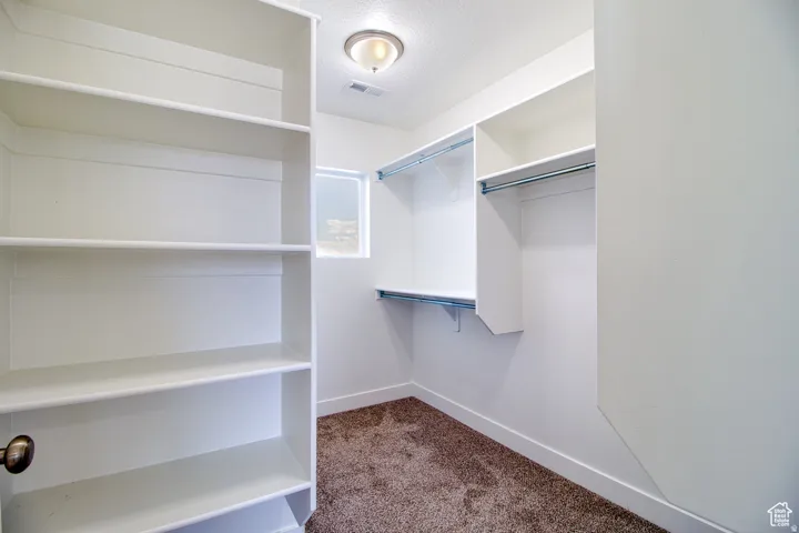 Walk in closet featuring dark carpet