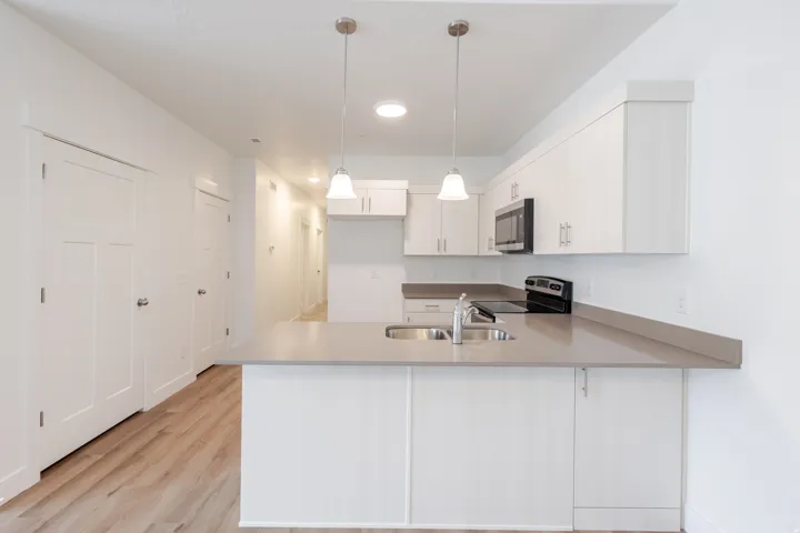 Kitchen with a peninsula, hanging light fixtures, light countertops, stainless steel appliances, and light wood-style flooring