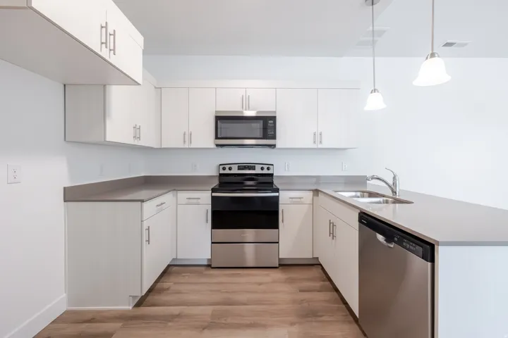 Kitchen featuring stainless steel appliances, a peninsula, light wood-style flooring, pendant lighting, and white cabinets