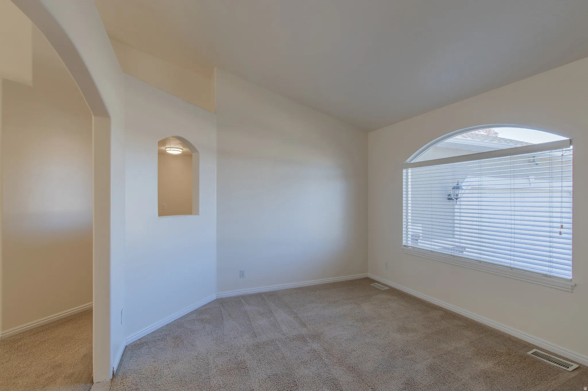Spare room featuring light colored carpet, arched walkways, and lofted ceiling
