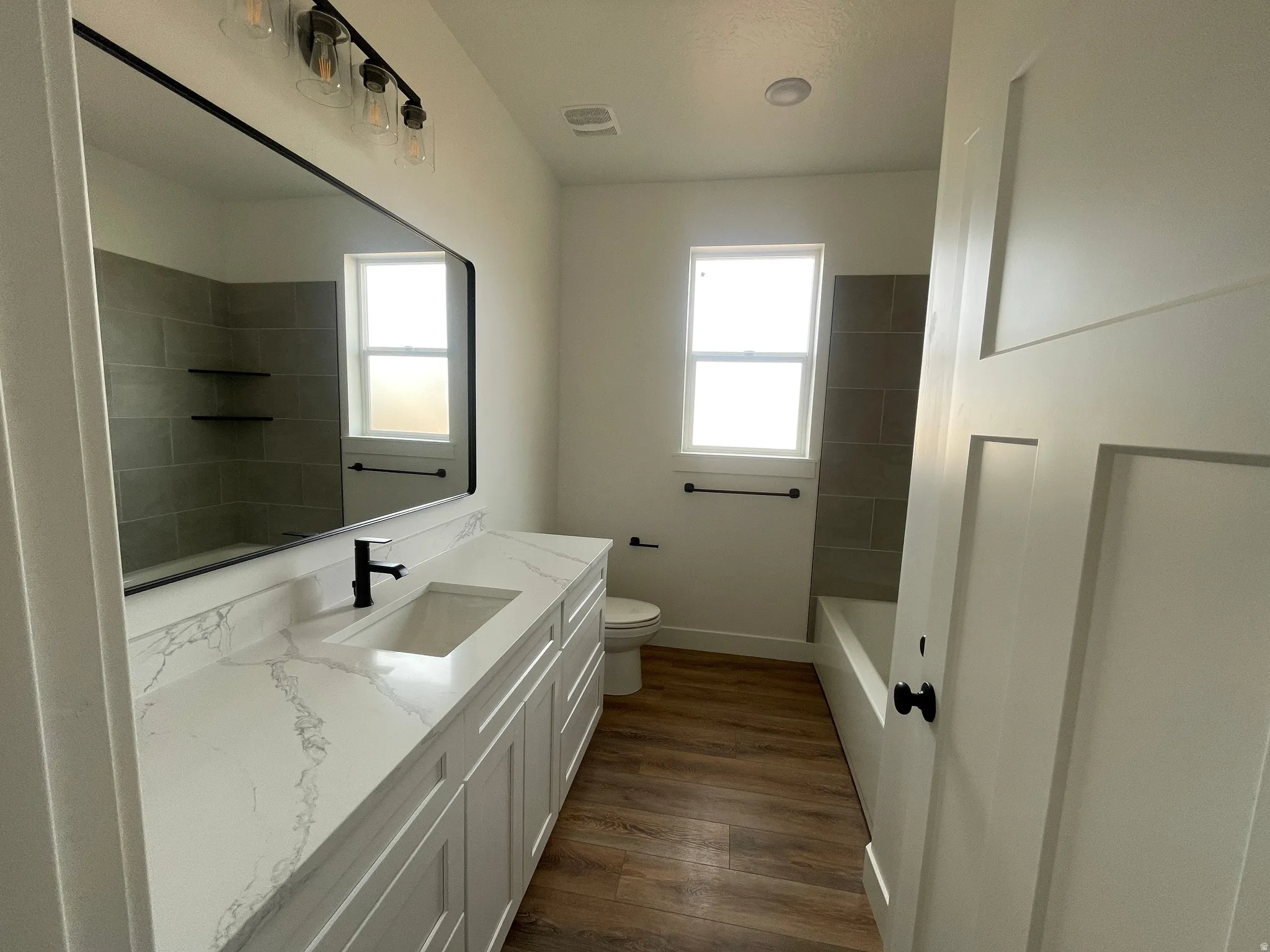 Full bath featuring vanity, healthy amount of natural light, and dark wood-type flooring