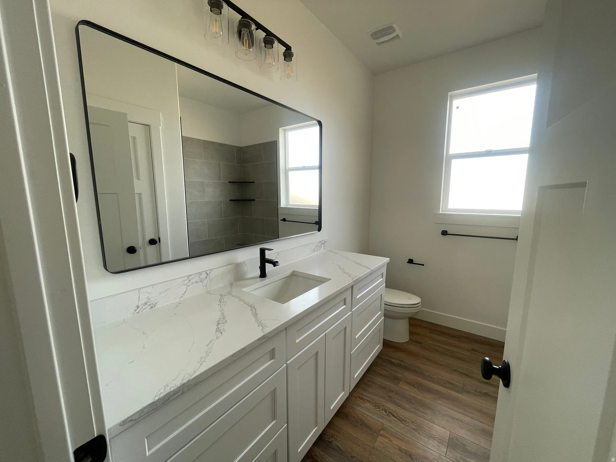 Full bath with vanity, dark wood-style floors, and a shower