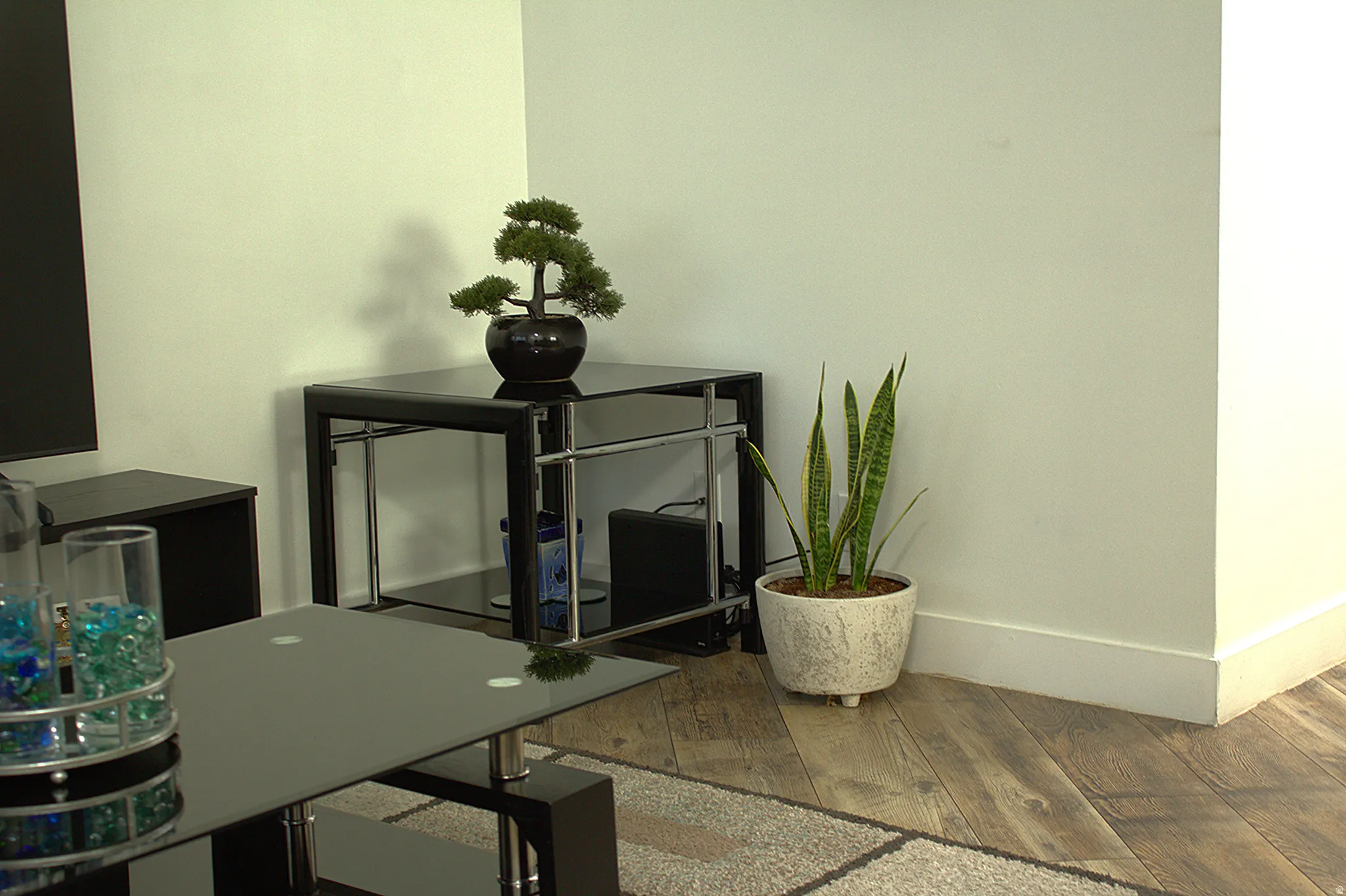 Office view of wood finished floors and baseboards