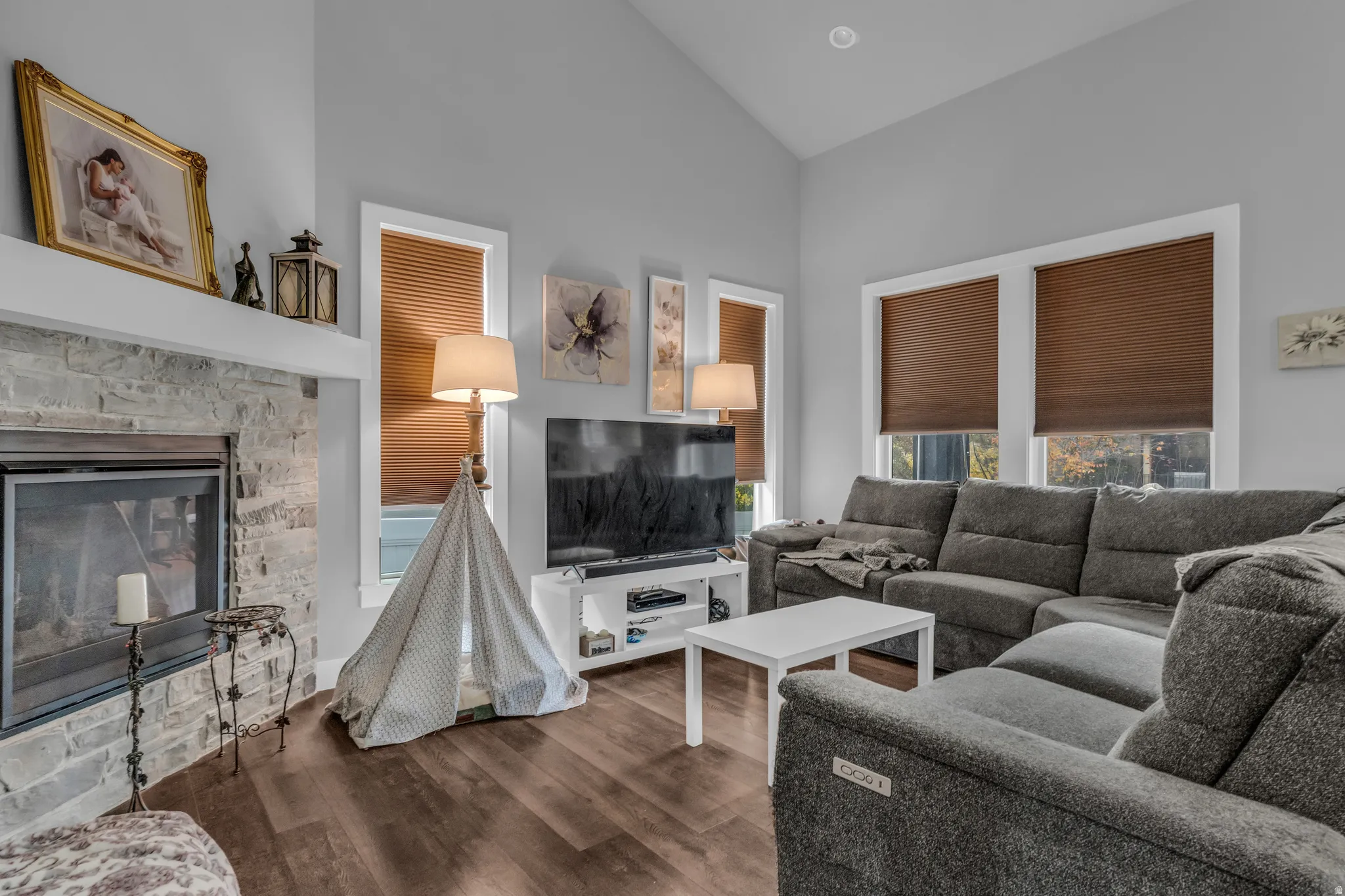 Living area featuring wood finished floors, a fireplace, and vaulted ceiling