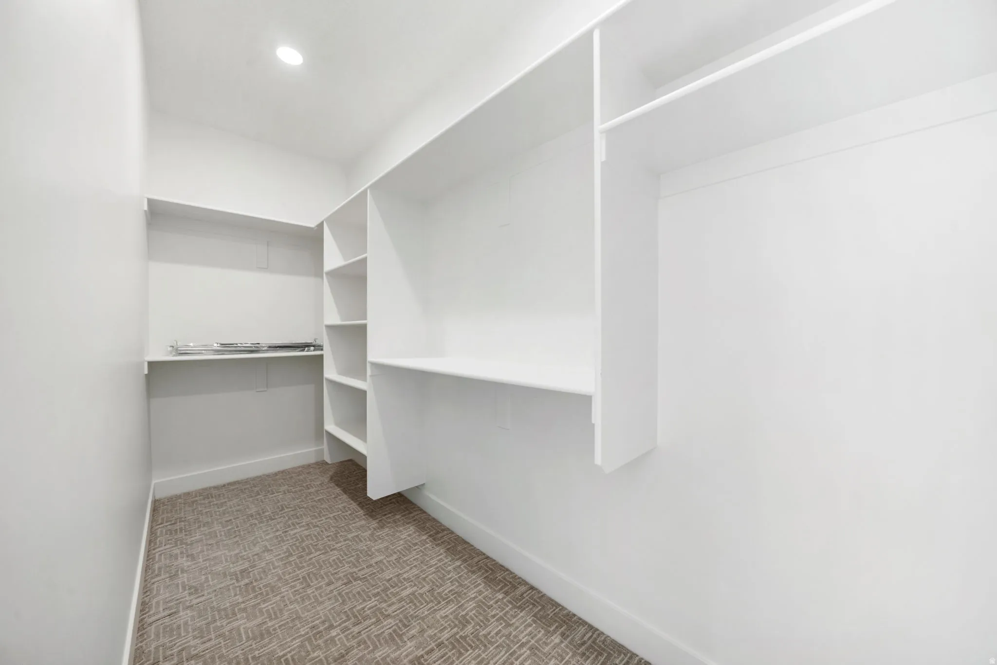 Walk in closet with light colored carpet