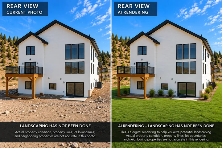 Real Estate Visual Comparison. Displaying the rear exterior of the property in its current state versus an AI-generated rendering depicting potential landscaping modifications