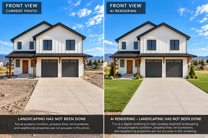 Real Estate Marketing Visual. Comparison of the property's current exterior appearance with an AI-generated rendering showcasing potential landscaping modifications