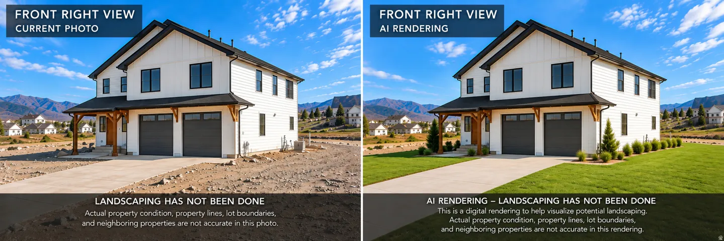 Property Image Comparison. Displaying a current photograph alongside an AI-rendered visualization of the property, indicating that landscaping is not yet complete and that property conditions, lines, and surrounding properties are not accurately depicted