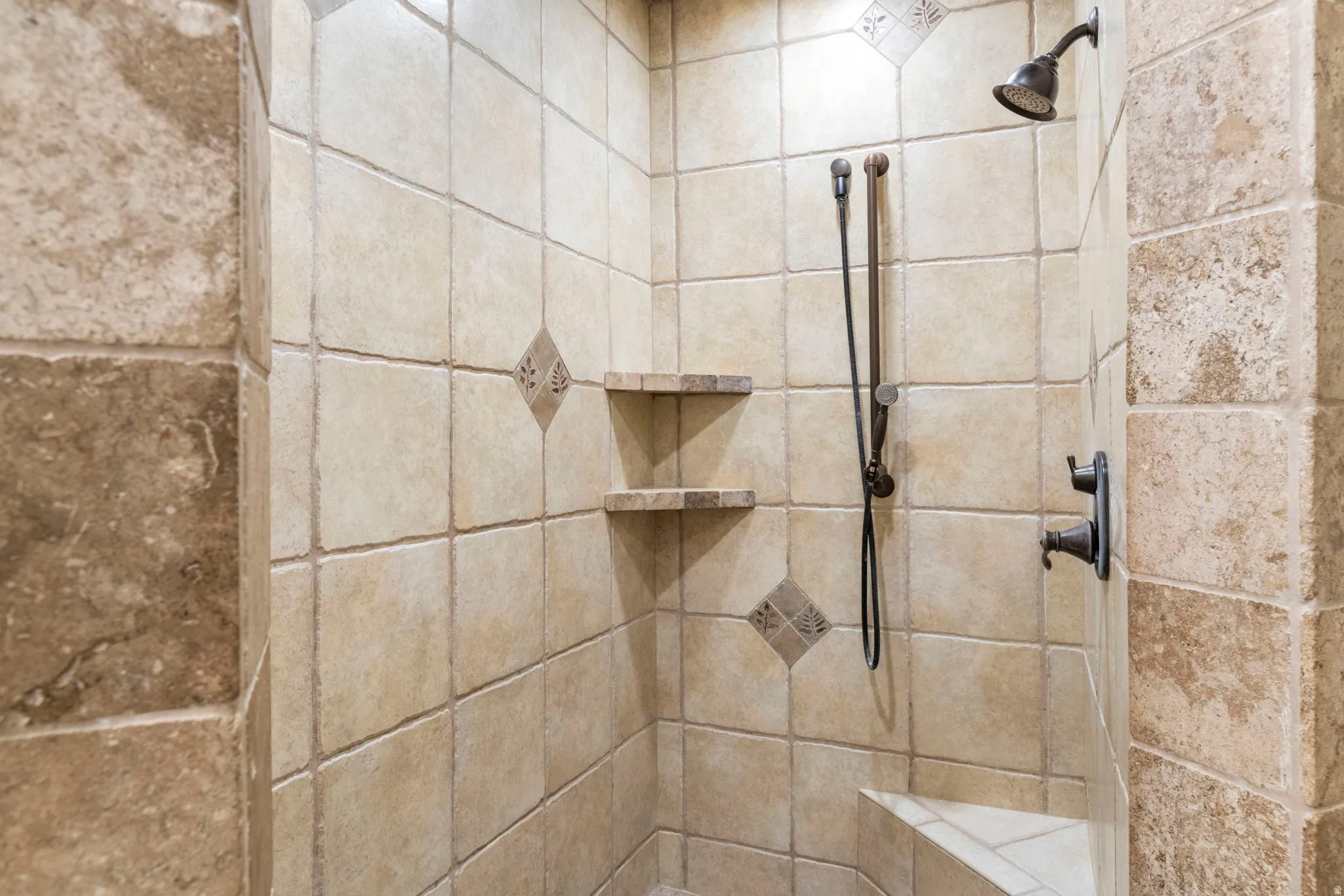 Bathroom view of tiled shower