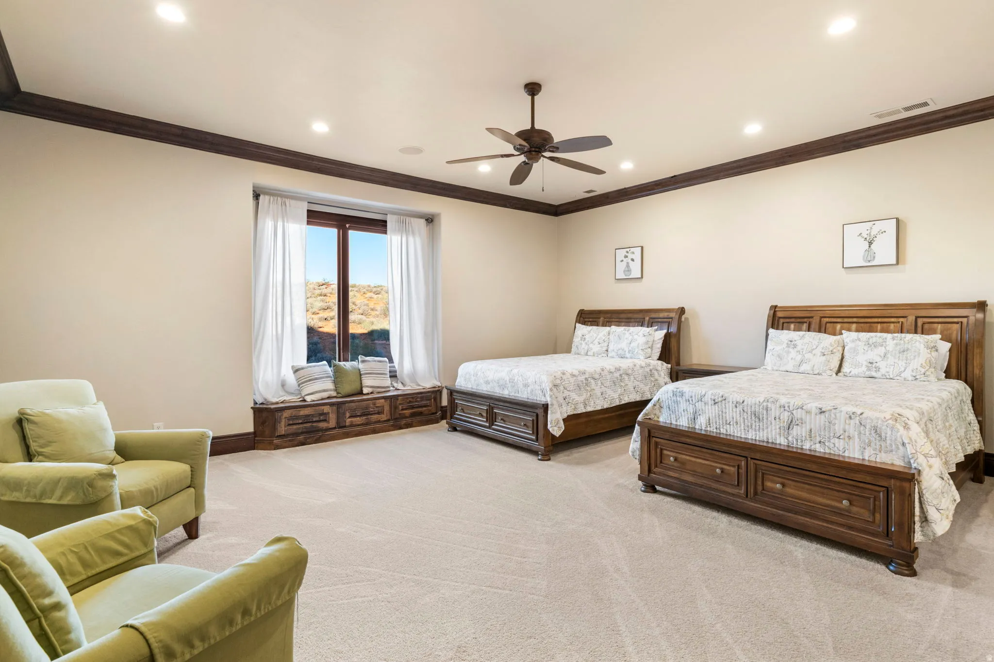 Bedroom featuring crown molding, light colored carpet, a ceiling fan, and recessed lighting
