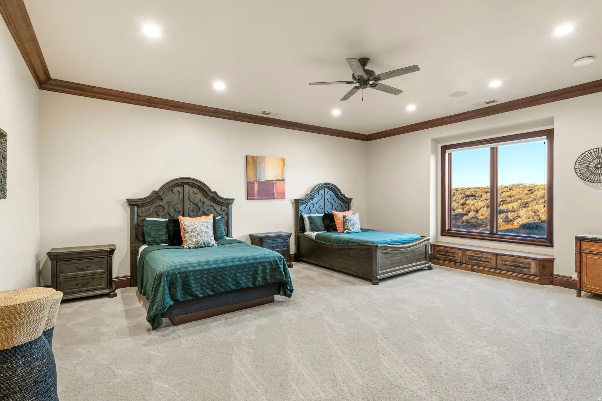 Bedroom with crown molding, light carpet, a ceiling fan, and recessed lighting