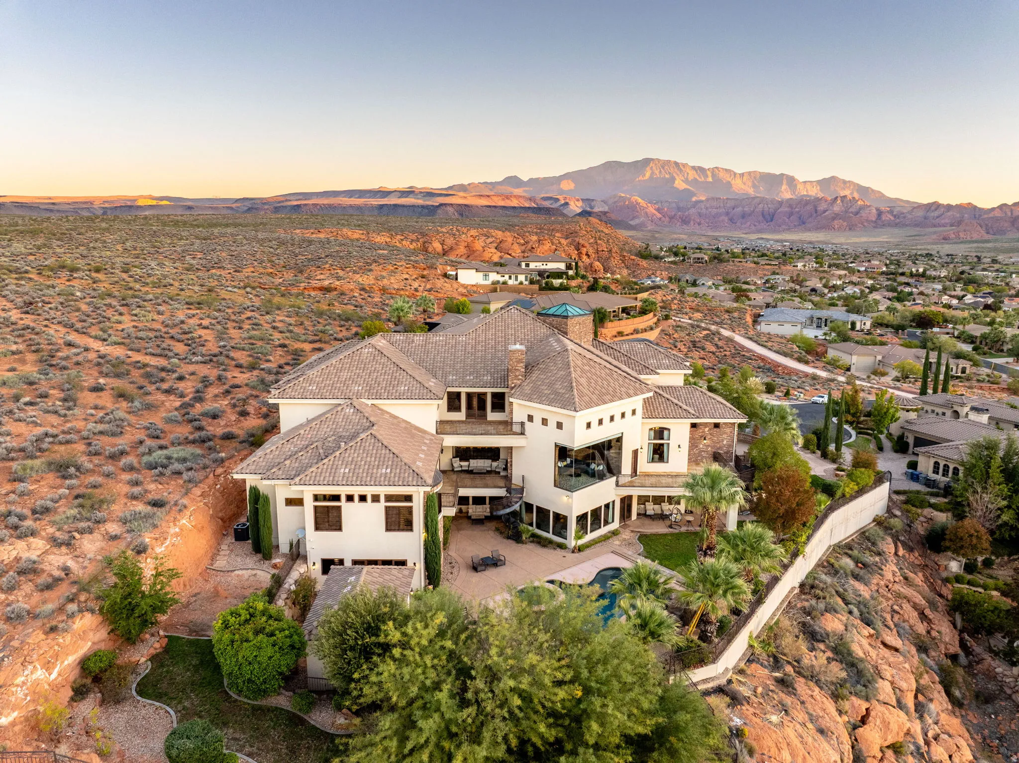Aerial view at dusk of a mountain view