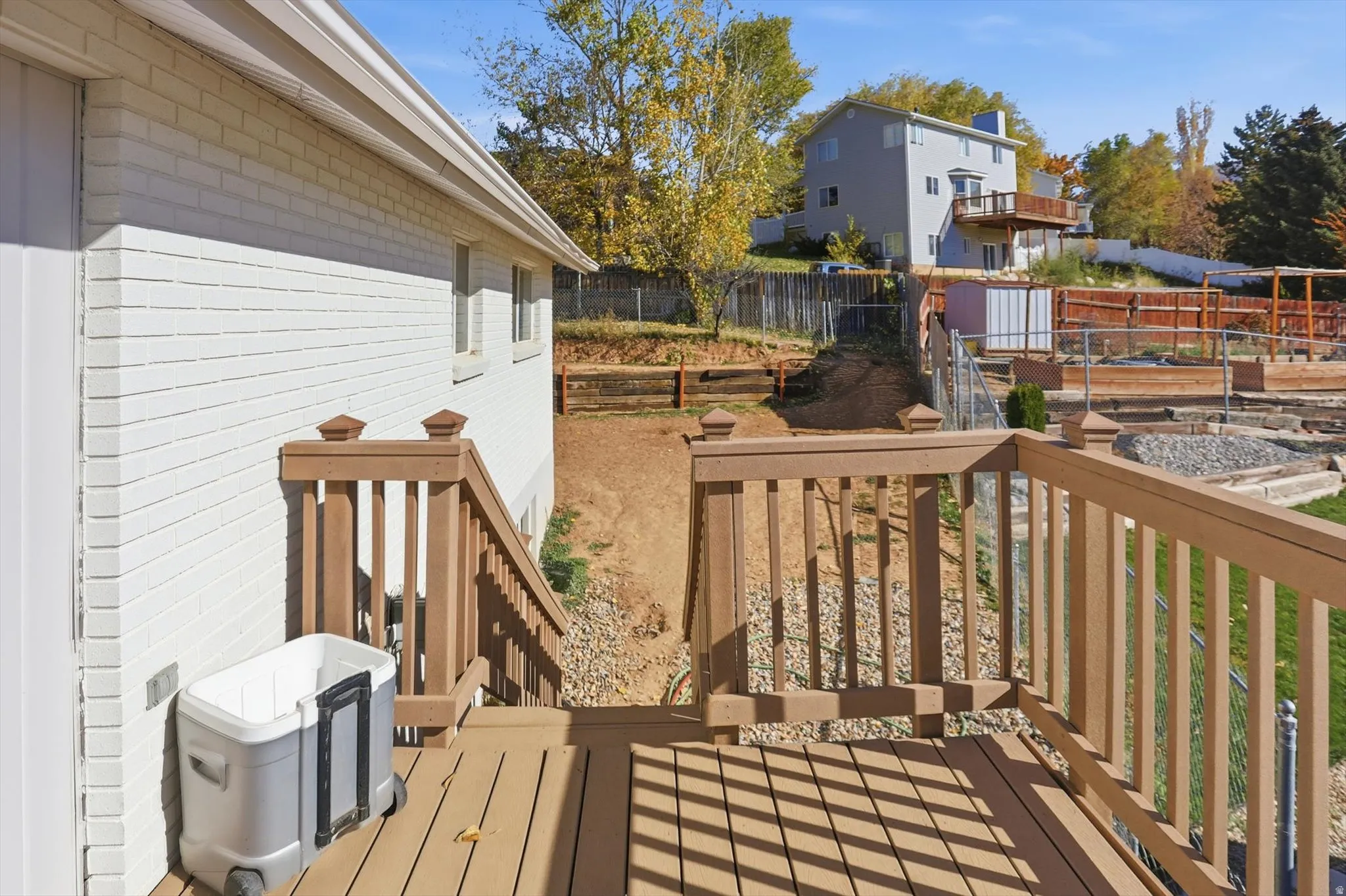 Wooden deck featuring a garden and a fenced backyard