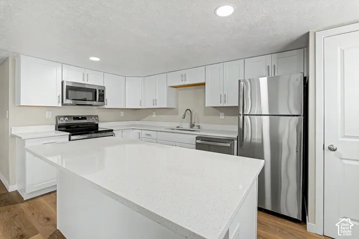 Spacious kitchen featuring white cabinetry, light-toned countertops, stainless steel appliances, and wood-finish flooring