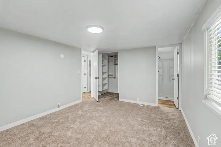 Carpeted room with a ceiling-mounted light fixture, built-in closet shelving, window with blinds, and white trim