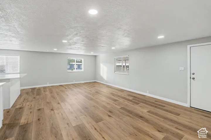 Wood-finish flooring with recessed lighting and a white entry door