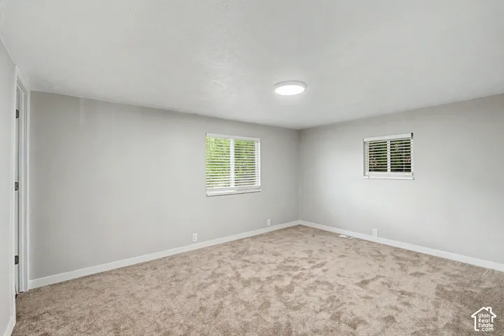 Neutral wall tones, two windows with blinds, recessed lighting fixture, and textured carpeting