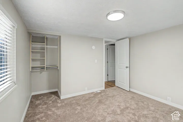 Wall-to-wall carpeting, window with blinds, ceiling-mounted light fixture, built-in closet shelving and hanging rods, and a solid core door with chrome hardware