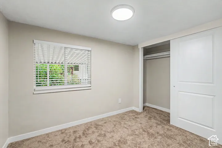 Neutral paint palette, textured carpeting, bright window with horizontal blinds, overhead flush-mount lighting, and a sliding closet door