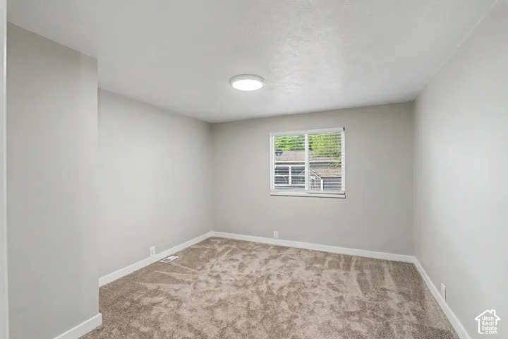 Neutral wall finishes, recessed lighting, and textured carpeting
