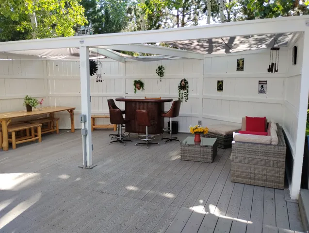 Wooden deck with outdoor lounge area