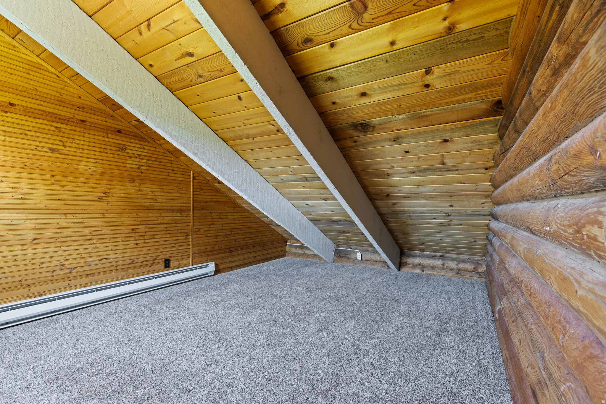 Additional living space with carpet floors, wood ceiling, and baseboard heating