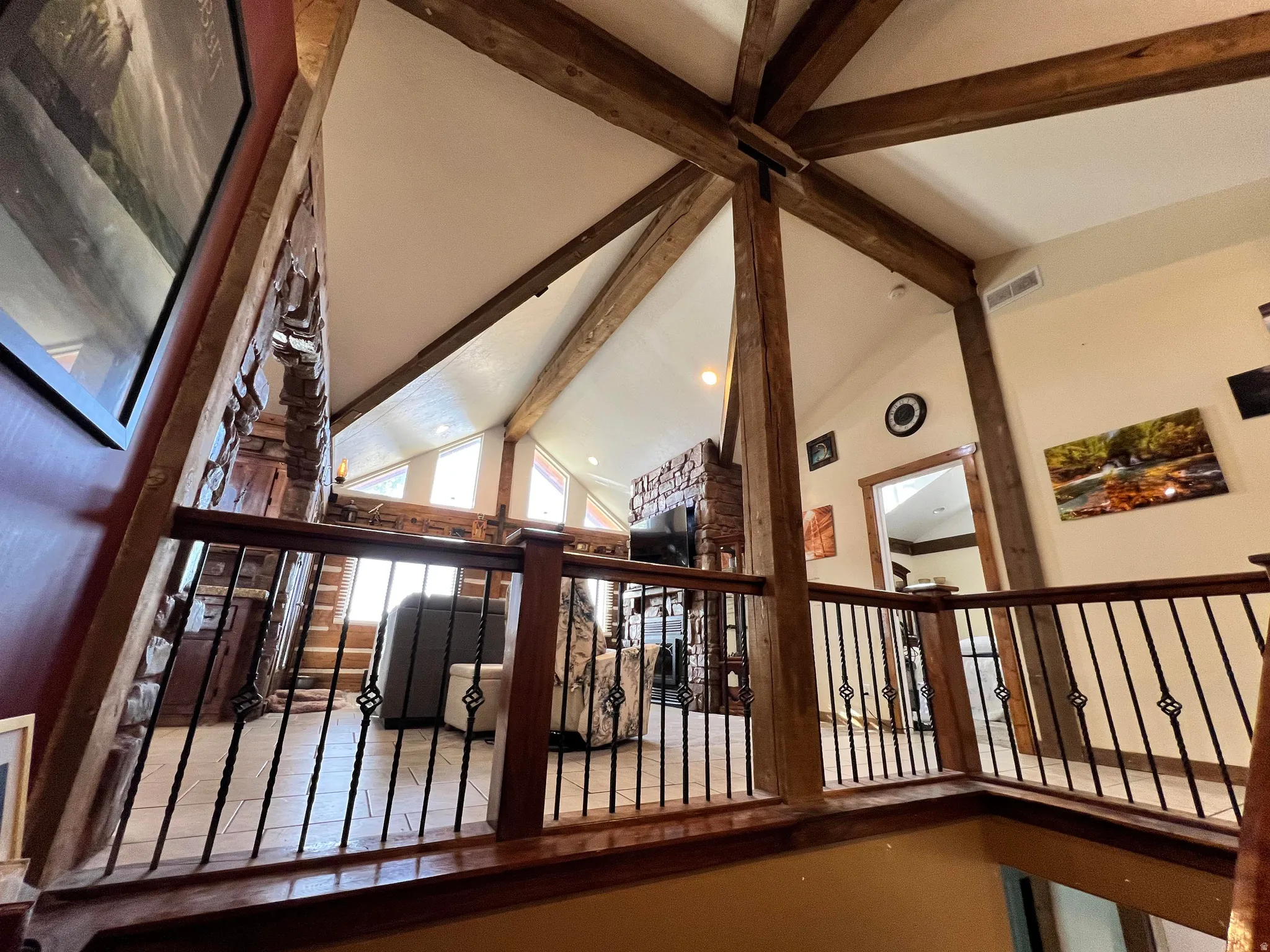 Detailed view of beamed ceiling and recessed lighting