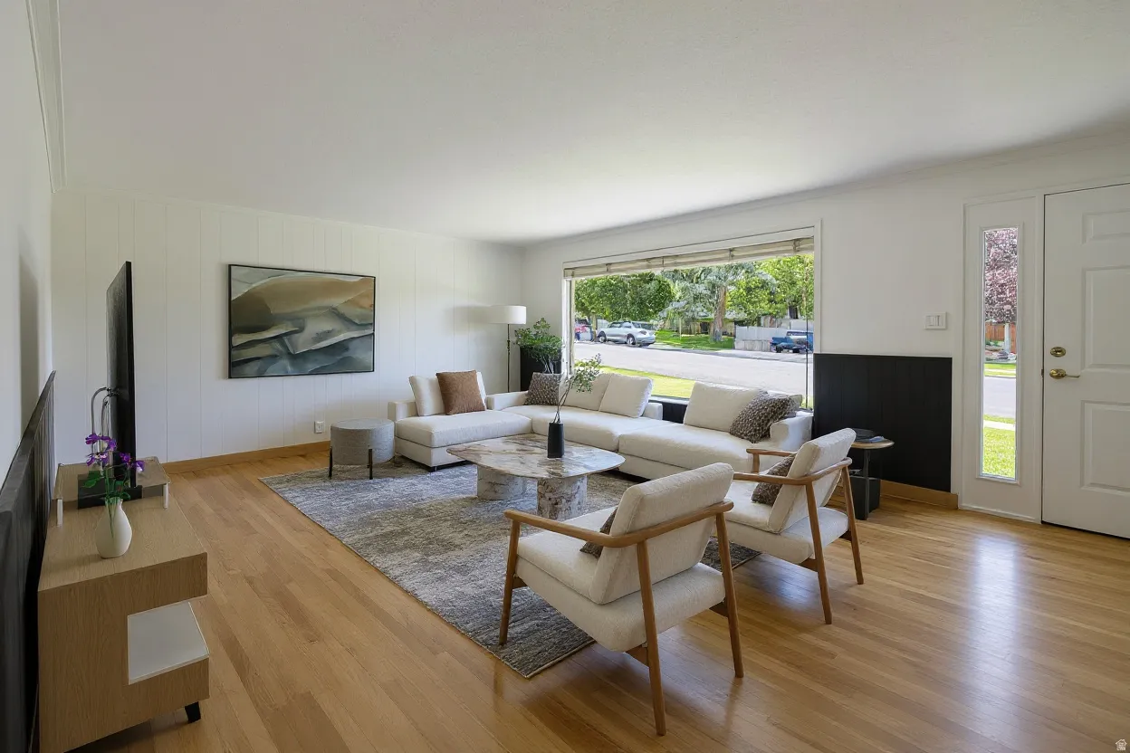 Spacious living area featuring wood-finish flooring, a prominent picture window, and a white paneled accent wall