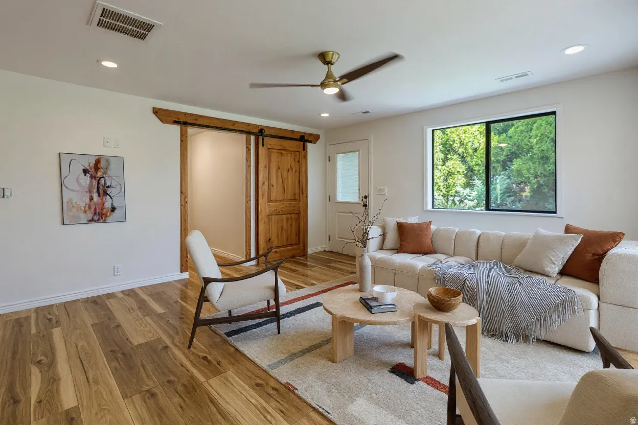 Expansive room featuring wood-finish flooring, recessed lighting, and a contemporary ceiling fan