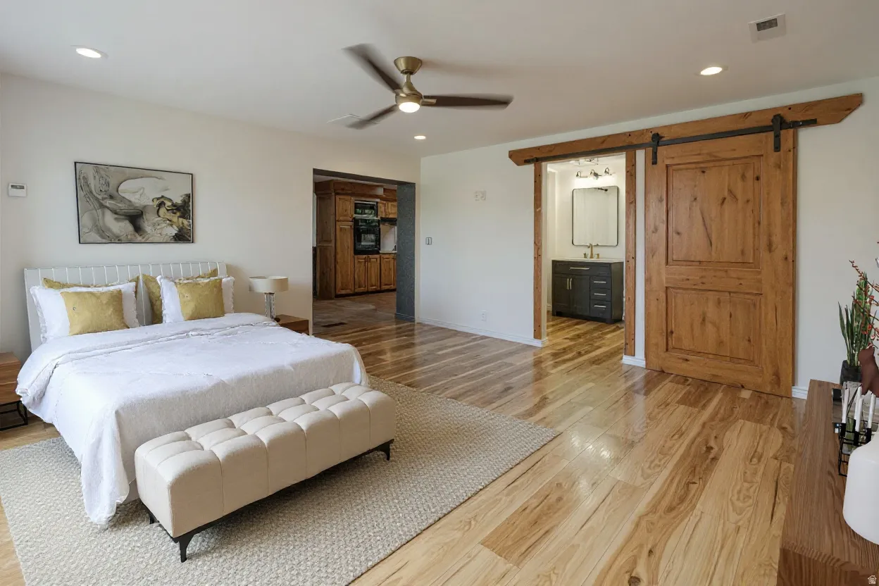 Bright interior space featuring wood-finish flooring, a ceiling fan with integrated lighting, and recessed lighting