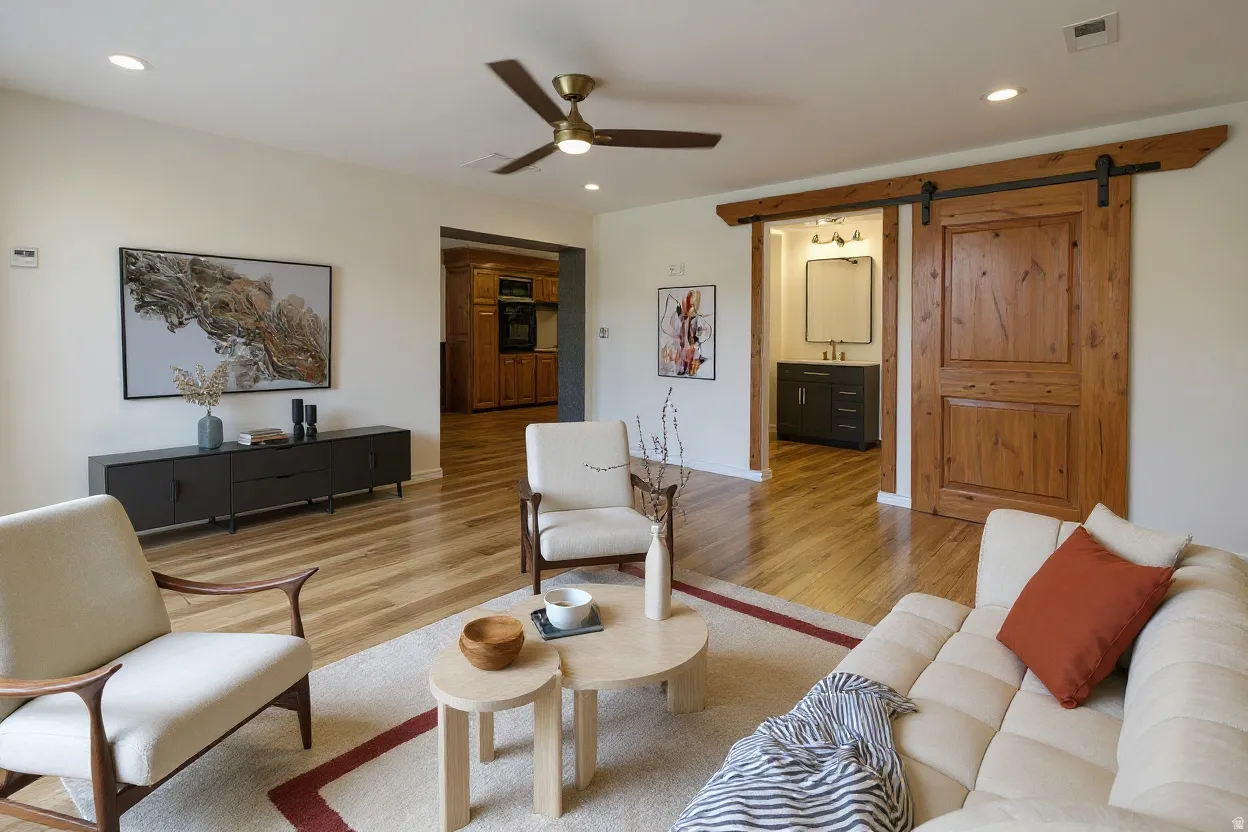 Open living area featuring wood-finish flooring, recessed lighting, and a ceiling fan
