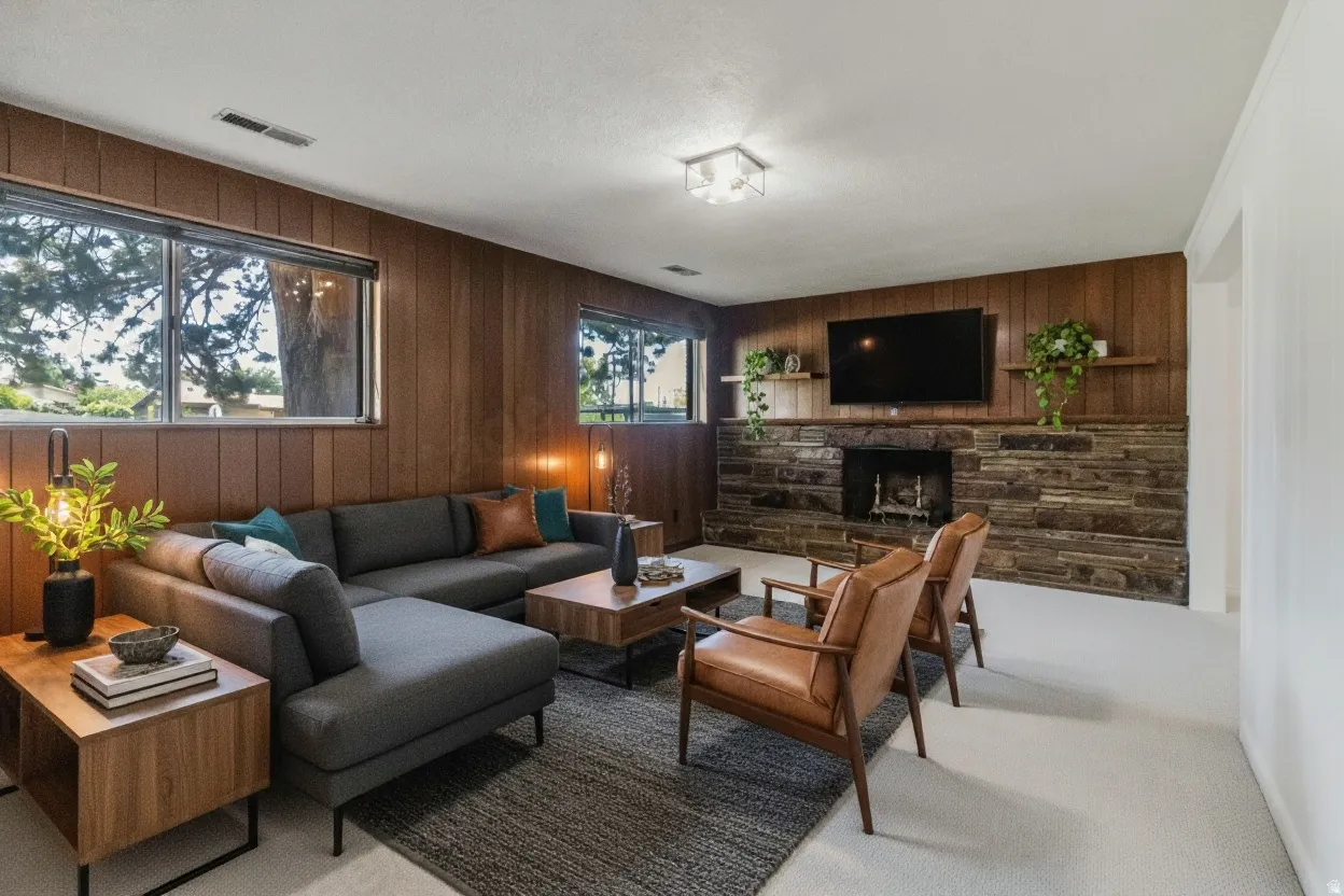 Living area featuring wood paneling, a stone fireplace with hearth, and recessed lighting