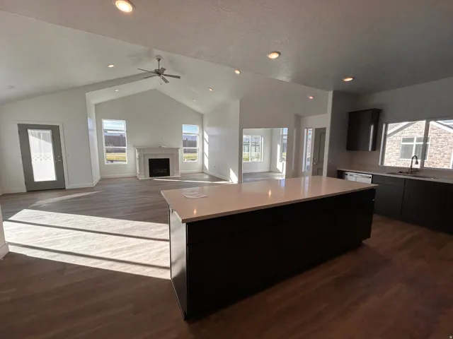 Kitchen featuring vaulted ceiling, plenty of natural light, dark wood-style flooring, recessed lighting, and a fireplace