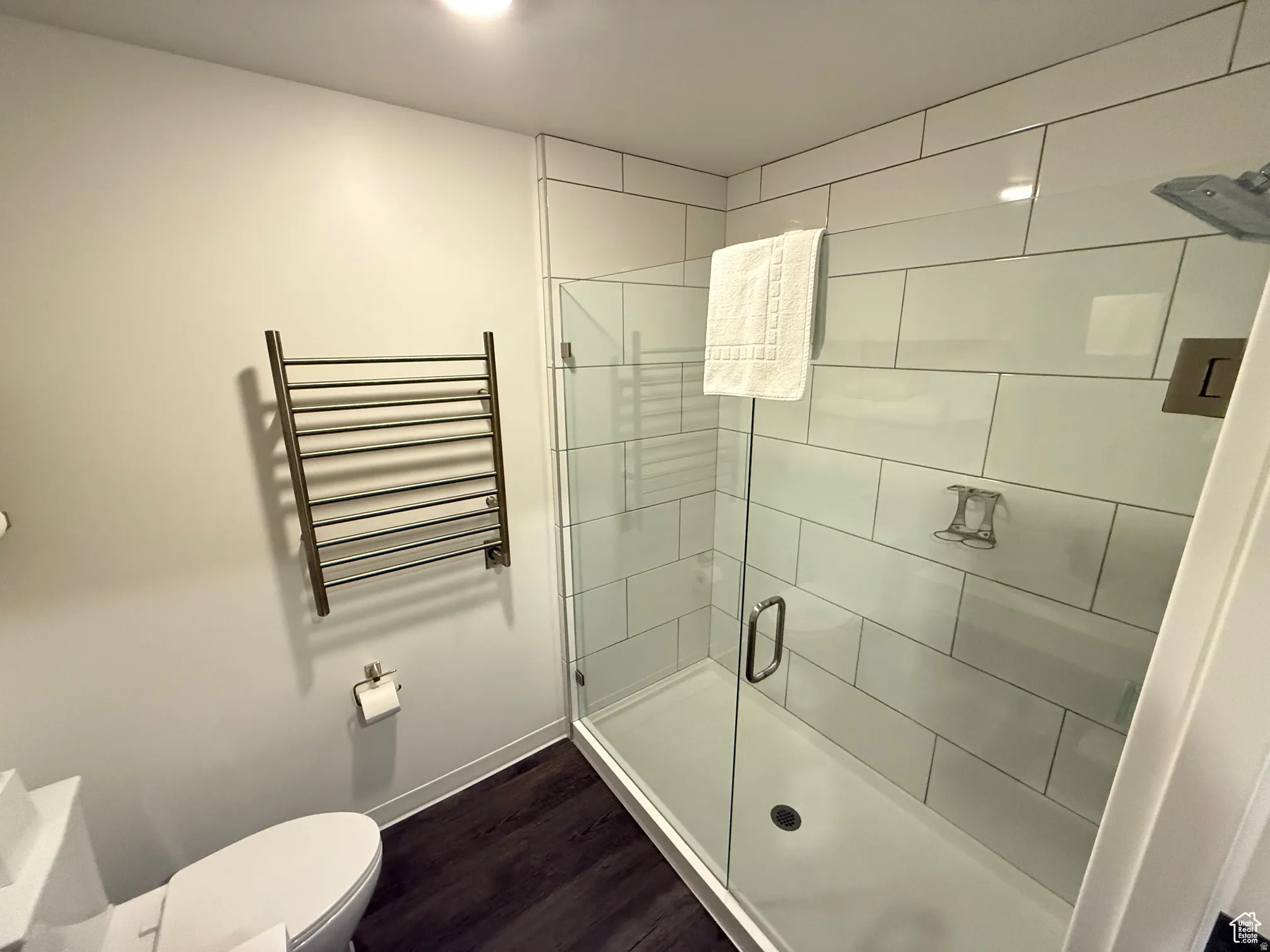 Full bath featuring a shower stall, dark wood-style floors, radiator, and a towel warming rack