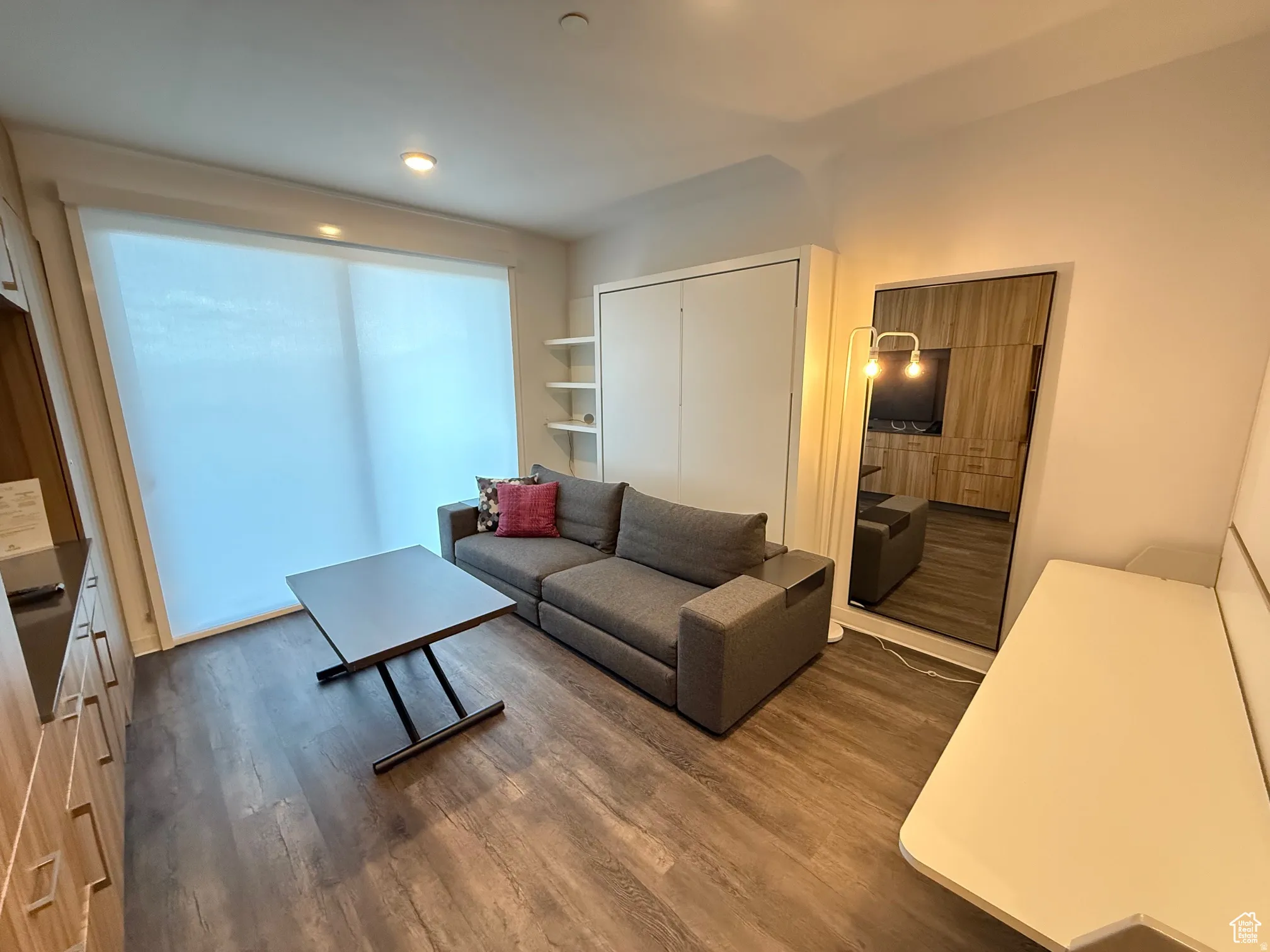 Living area with dark wood-type flooring and recessed lighting