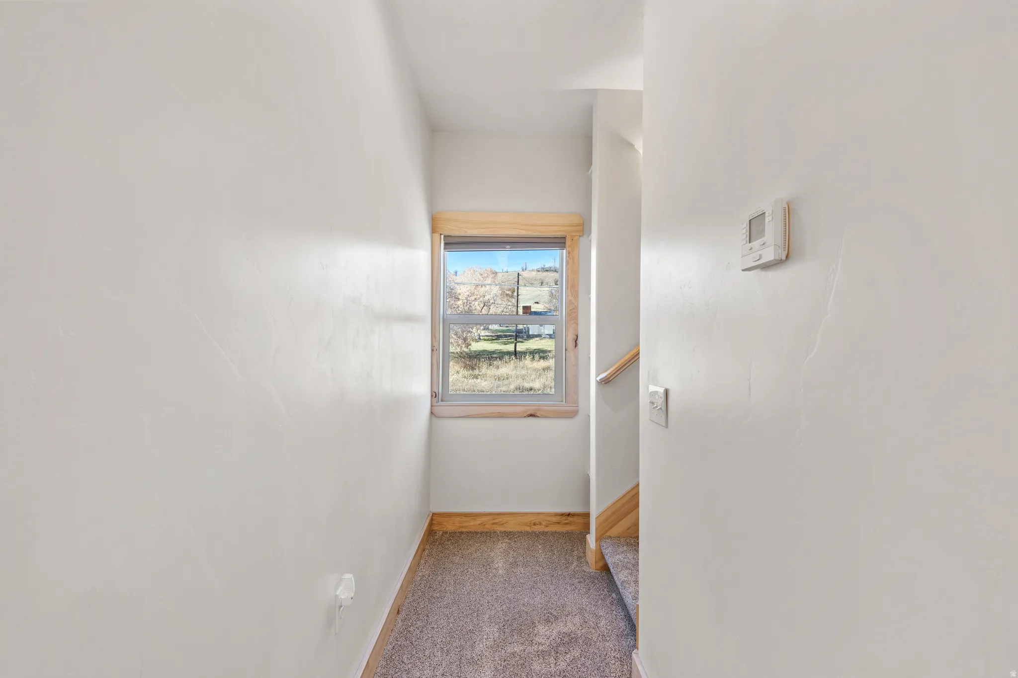 Hallway featuring carpet flooring and baseboards
