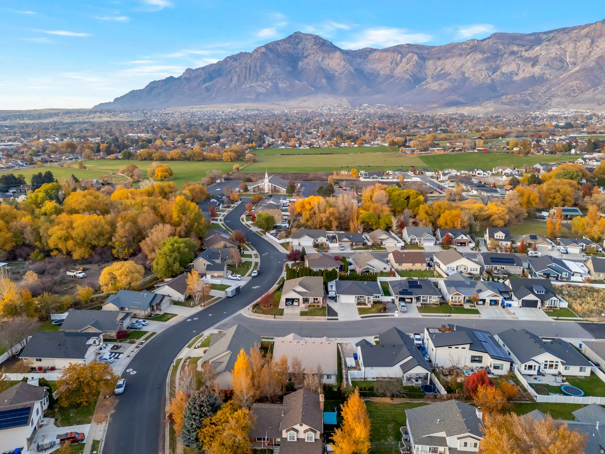 Aerial perspective of suburban area with mountains