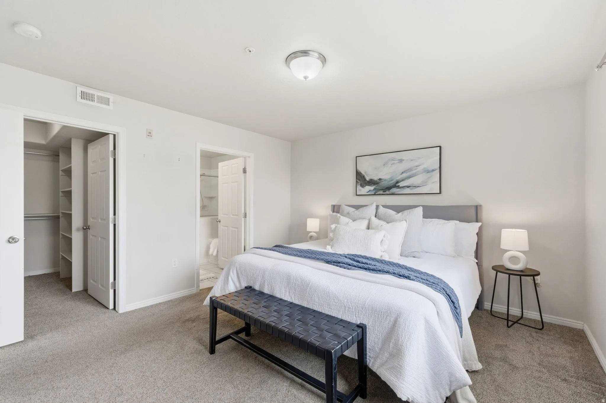 Primary bedroom featuring a ceiling-mounted light fixture, an open doorway revealing a closet with built-in shelving, and a second open doorway leading to a bathroom with a visible shower area